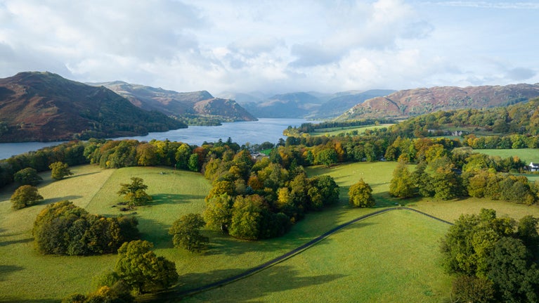 A birds-eye view of Ullswater in Autumn at Aira Force and Gowbarrow Park, Cumbria